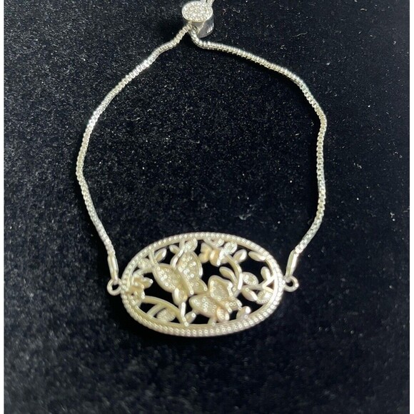 IBB Silver Tone Butterfly Floral Adjustable Slide Bolo Bracelet Faux Rhinestones - Picture 2 of 6